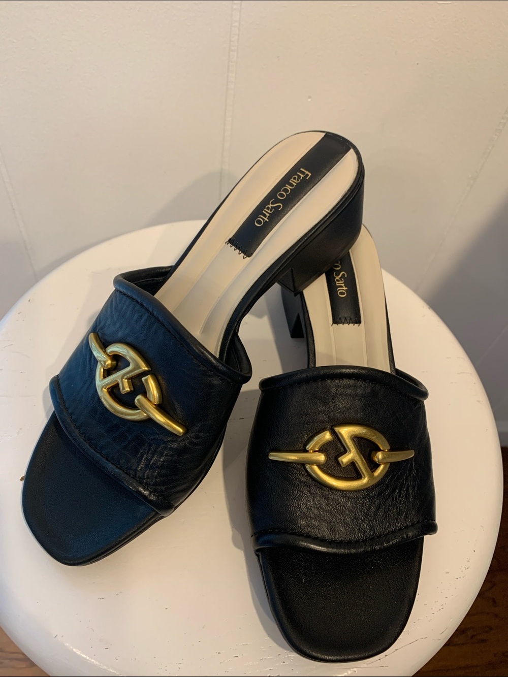 Franco Sarto Black Leather Slide Mules with Gold-Tone Logo